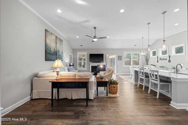 living room featuring vaulted ceiling, ceiling fan, dark hardwood / wood-style flooring, and ornamental molding