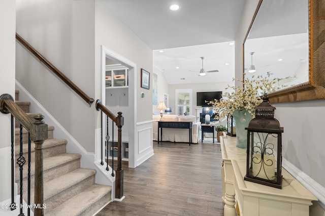 foyer entrance featuring ceiling fan and hardwood / wood-style floors