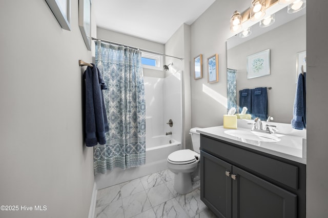 full bathroom featuring toilet, vanity, and shower / tub combo