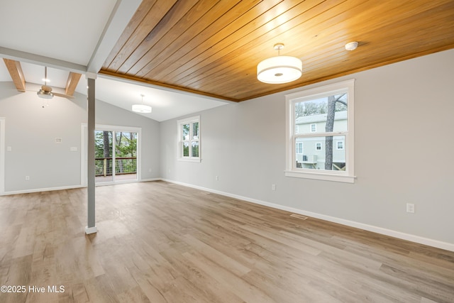 unfurnished room featuring vaulted ceiling with beams, wood ceiling, and light hardwood / wood-style floors