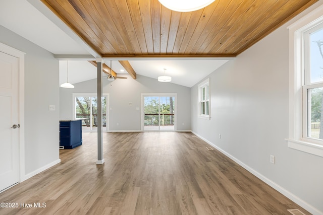 11 White Ln, Oak Island, NC 28465 - unfurnished living room with wood finished floors, a ceiling fan, and wooden ceiling