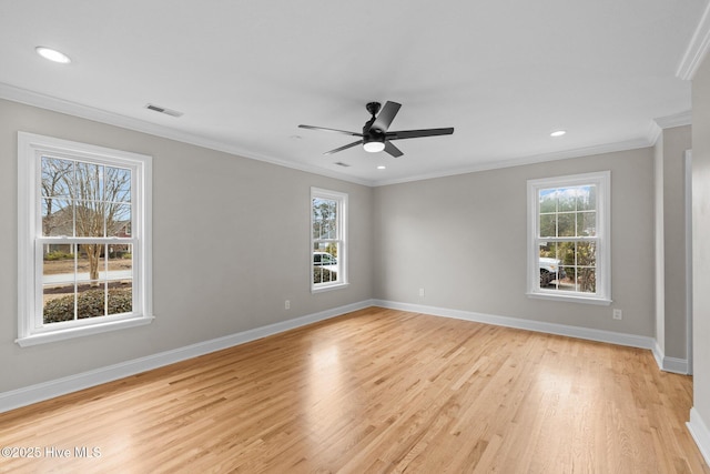 unfurnished room with light hardwood / wood-style floors, crown molding, and ceiling fan