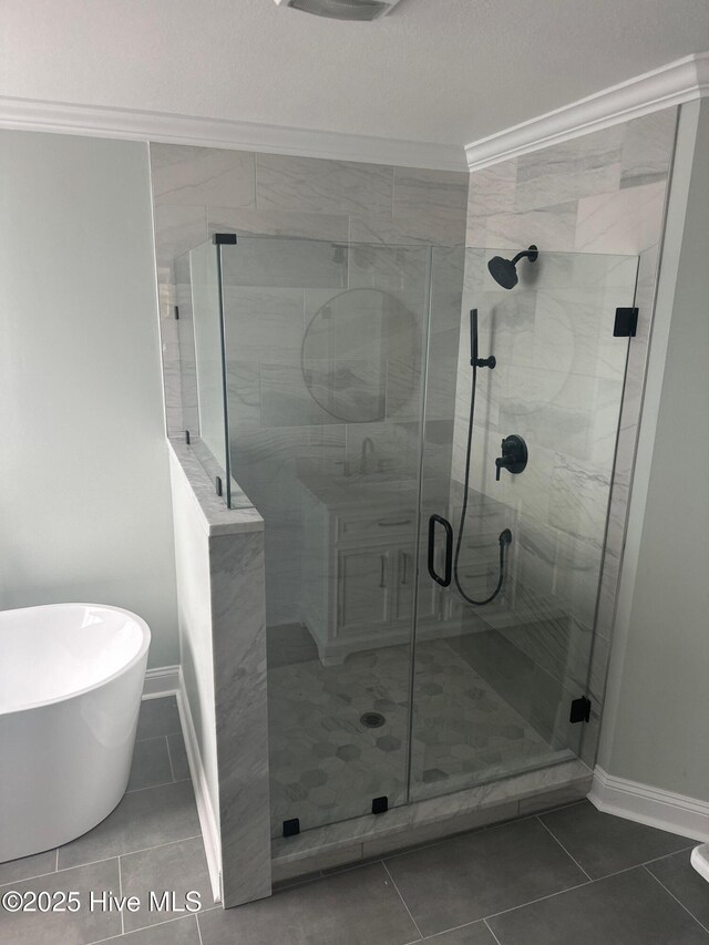 bathroom with independent shower and bath, crown molding, and tile patterned flooring