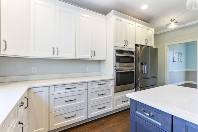 kitchen with white cabinetry, light stone counters, dark wood-type flooring, and appliances with stainless steel finishes