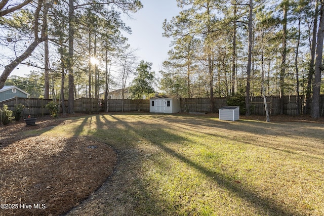 view of yard featuring a storage unit