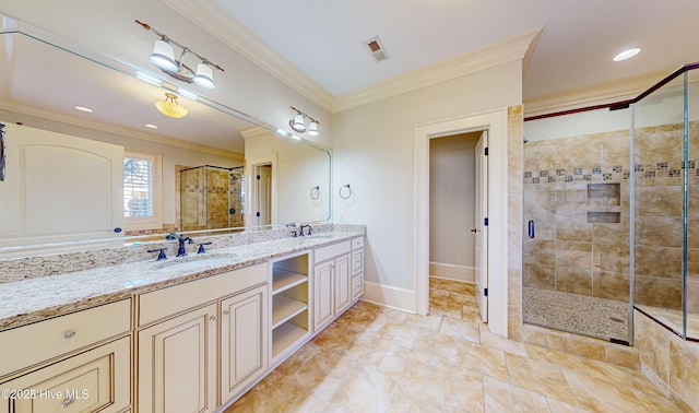 bathroom featuring crown molding, an enclosed shower, and vanity