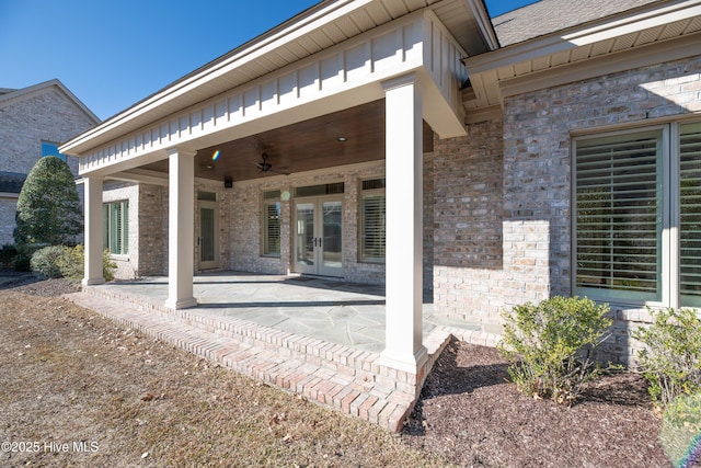 exterior space featuring ceiling fan, french doors, and a patio