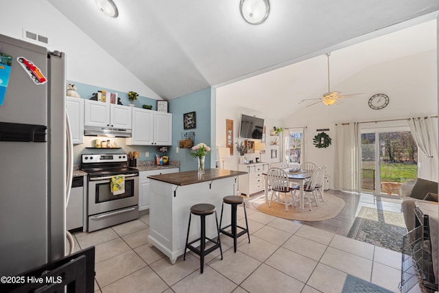 kitchen with wood counters, a breakfast bar, white cabinetry, appliances with stainless steel finishes, and a kitchen island