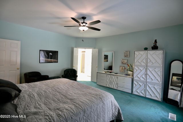 bedroom featuring carpet floors and ceiling fan