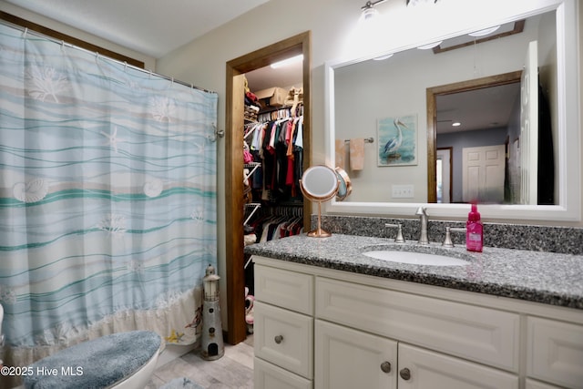 bathroom with a shower with curtain and vanity