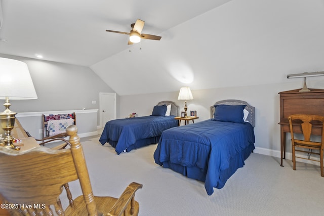 bedroom with ceiling fan, light carpet, and lofted ceiling