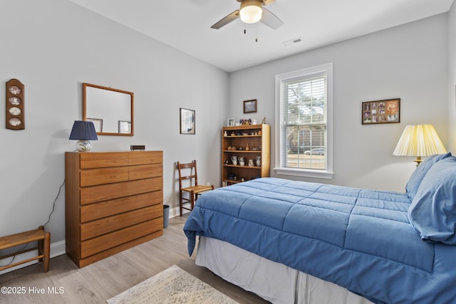 bedroom featuring ceiling fan and light wood-type flooring