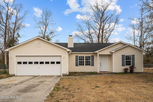 ranch-style home with a garage, concrete driveway, a chimney, fence, and a front lawn