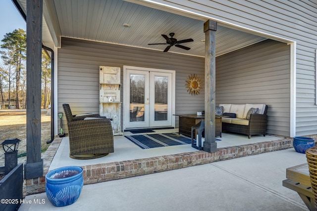 view of patio / terrace featuring an outdoor hangout area, ceiling fan, and french doors