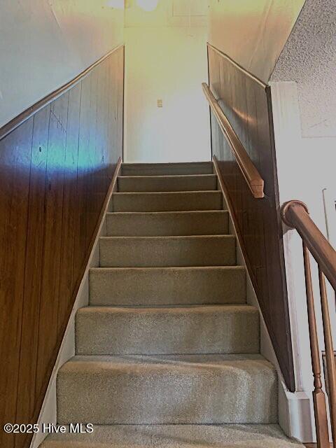 staircase with wood walls