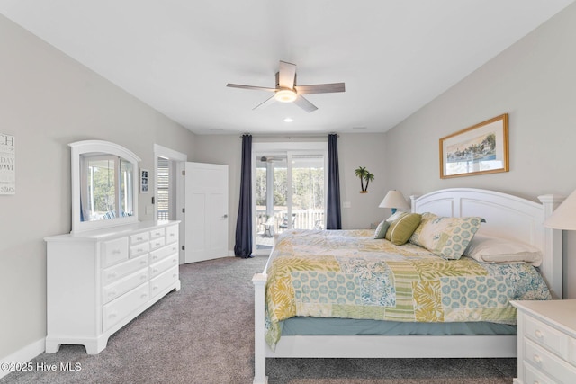 bedroom with ceiling fan, carpet flooring, and access to outside