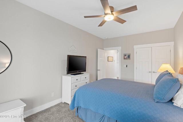 carpeted bedroom with a closet and ceiling fan