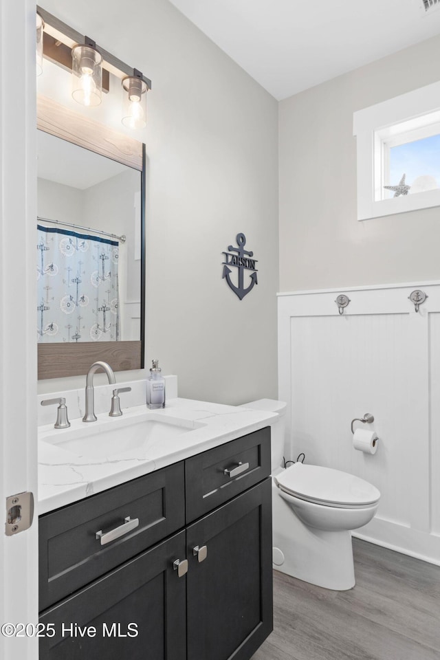 bathroom featuring hardwood / wood-style floors, toilet, and vanity