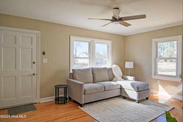 living room featuring crown molding, ceiling fan, and light hardwood / wood-style floors