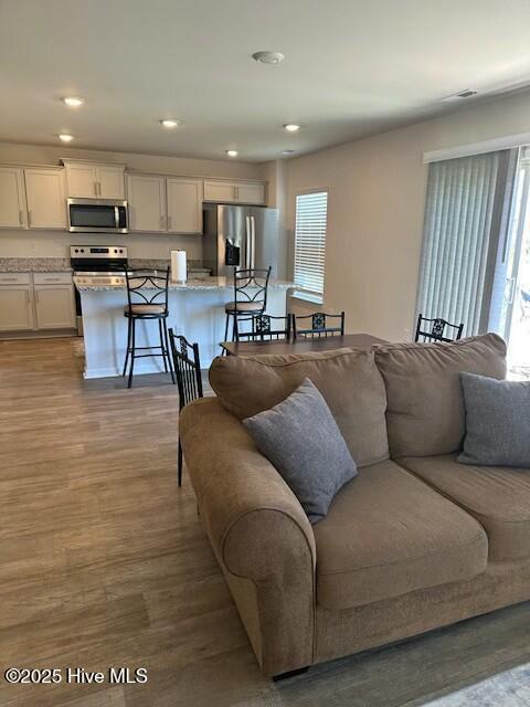 living room featuring ceiling fan and hardwood / wood-style floors