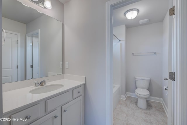 full bath with baseboards, bathing tub / shower combination, toilet, tile patterned floors, and vanity