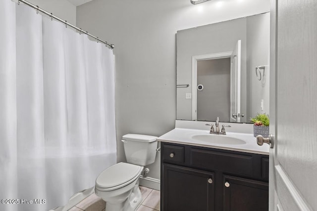 bathroom with toilet, tile patterned flooring, and vanity