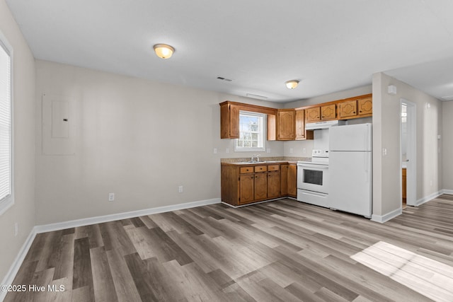 kitchen featuring sink, white appliances, electric panel, and light wood-type flooring