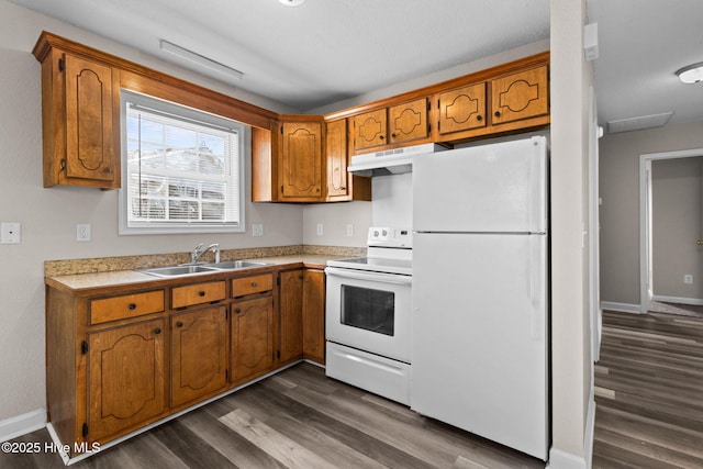 kitchen with dark hardwood / wood-style flooring, sink, and white appliances