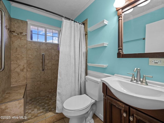 bathroom featuring vanity, crown molding, a shower with curtain, and toilet