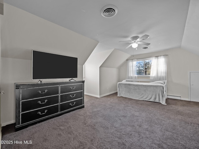 bedroom featuring a baseboard radiator, vaulted ceiling, ceiling fan, and dark carpet