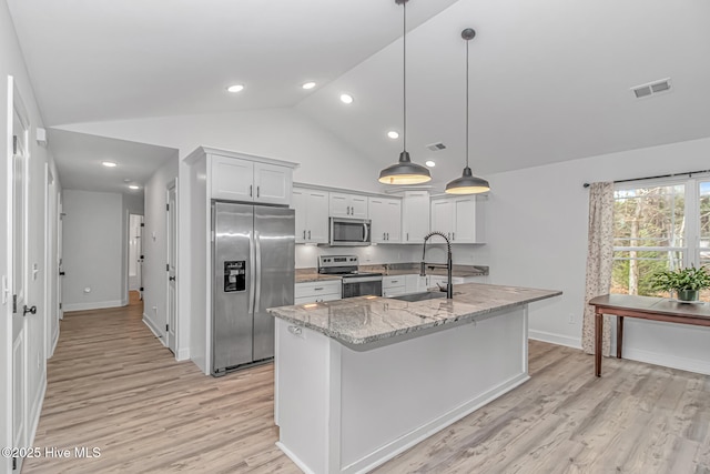 kitchen featuring stainless steel appliances, sink, hanging light fixtures, and white cabinets