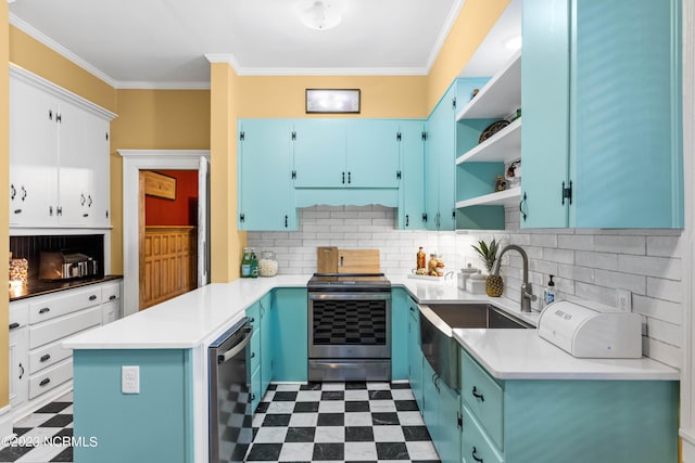 kitchen featuring open shelves, blue cabinets, dark floors, a sink, and stainless steel range with electric cooktop