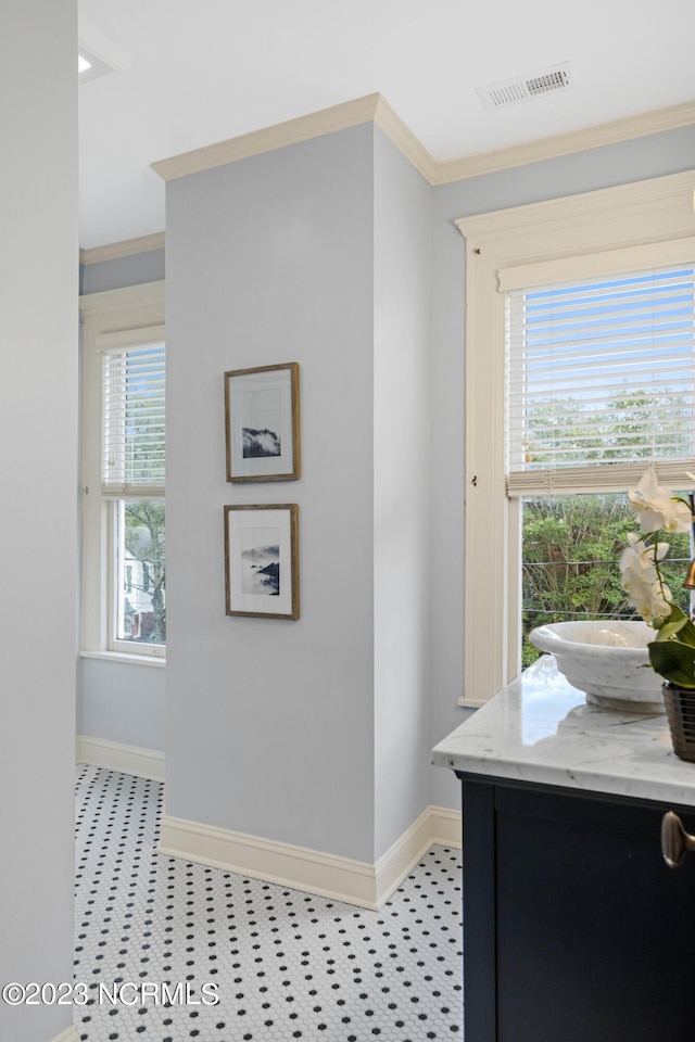 interior space featuring a sink, baseboards, light floors, visible vents, and ornamental molding