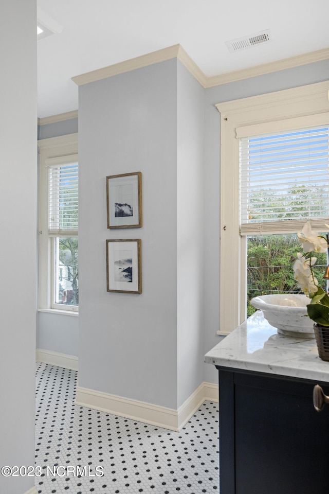 interior space featuring plenty of natural light, sink, and crown molding