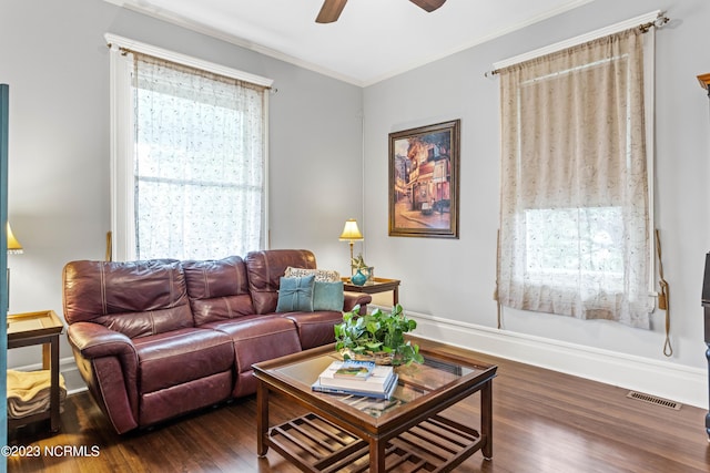 living room featuring ceiling fan, visible vents, wood finished floors, baseboards, and ornamental molding