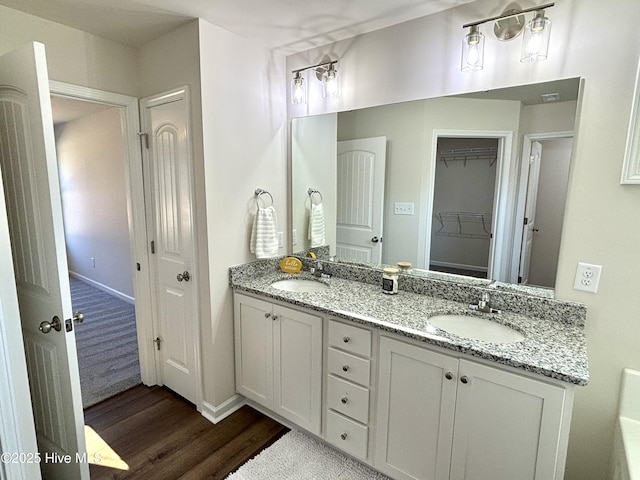 bathroom with hardwood / wood-style flooring and vanity