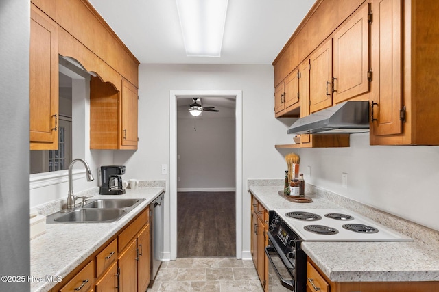 kitchen with ceiling fan, sink, dishwasher, and black range with electric cooktop