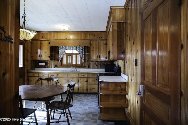 kitchen featuring sink, hanging light fixtures, and wooden walls