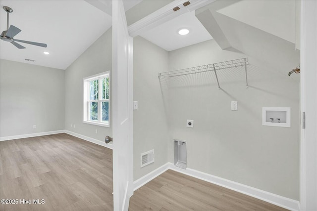 211 Lincoln Place Cir, Leland, NC 28451 - washroom featuring hookup for an electric dryer, hookup for a washing machine, light wood-style flooring, a ceiling fan, and baseboards