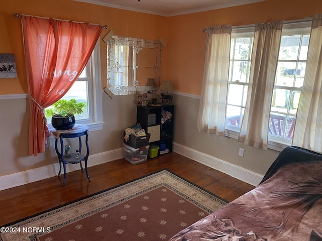 sitting room with crown molding and hardwood / wood-style flooring