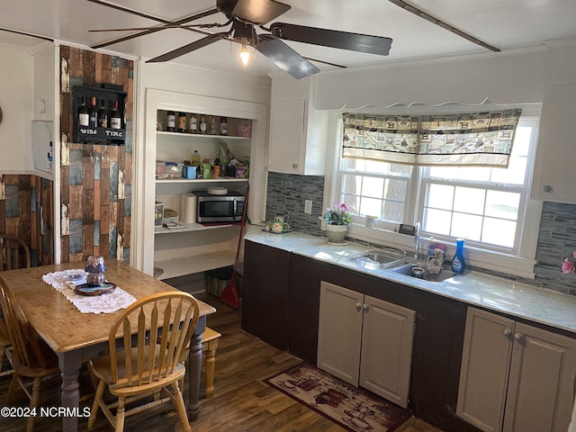 kitchen with ceiling fan, backsplash, sink, ornamental molding, and dark hardwood / wood-style flooring