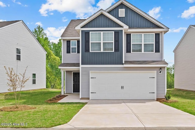 craftsman house with a front lawn and a garage