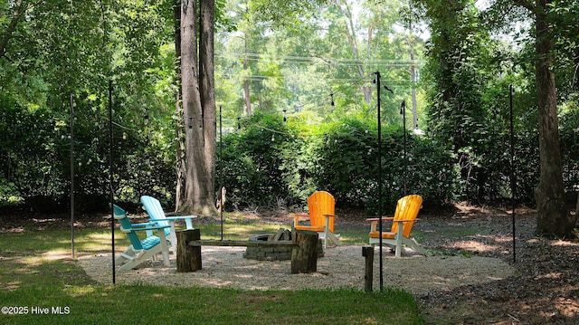 view of jungle gym with an outdoor fire pit