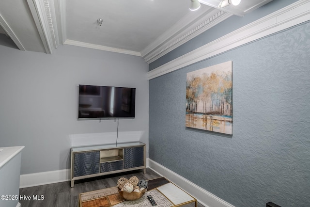 living room featuring dark hardwood / wood-style flooring and crown molding