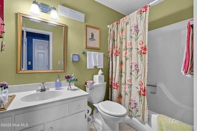 full bathroom with toilet, vanity, and shower / bath combination with curtain