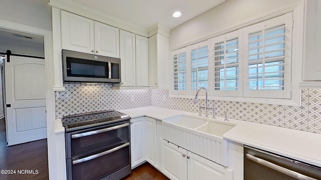 kitchen featuring white cabinets, appliances with stainless steel finishes, tasteful backsplash, sink, and a barn door