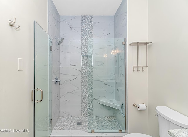 bathroom featuring toilet and a shower with door