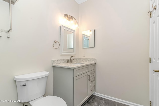 bathroom with toilet, tile patterned floors, and vanity