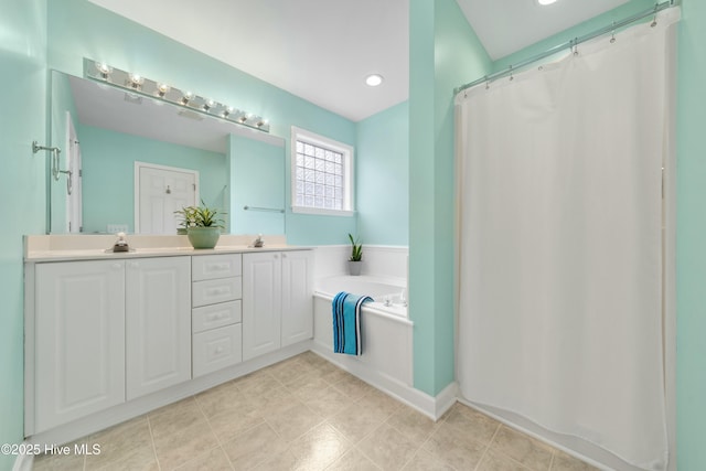 bathroom featuring tile patterned flooring, vanity, and independent shower and bath