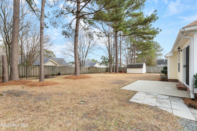 view of yard with a shed and a patio